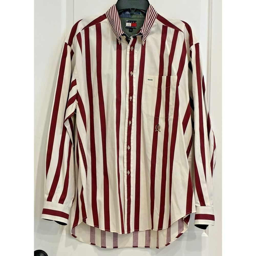 Vtg 90s Tommy Hilfiger Wide Stripe Button Down Shirt Mens L White Burgandy Crest